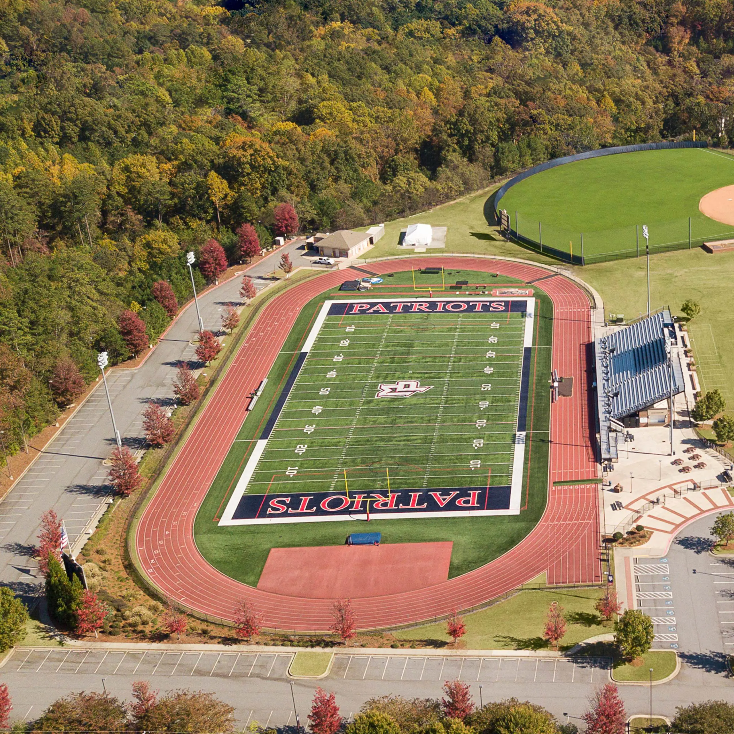 Aerial photo of Patriot Athletic Campus: football, baseball, softball, and soccer fields.