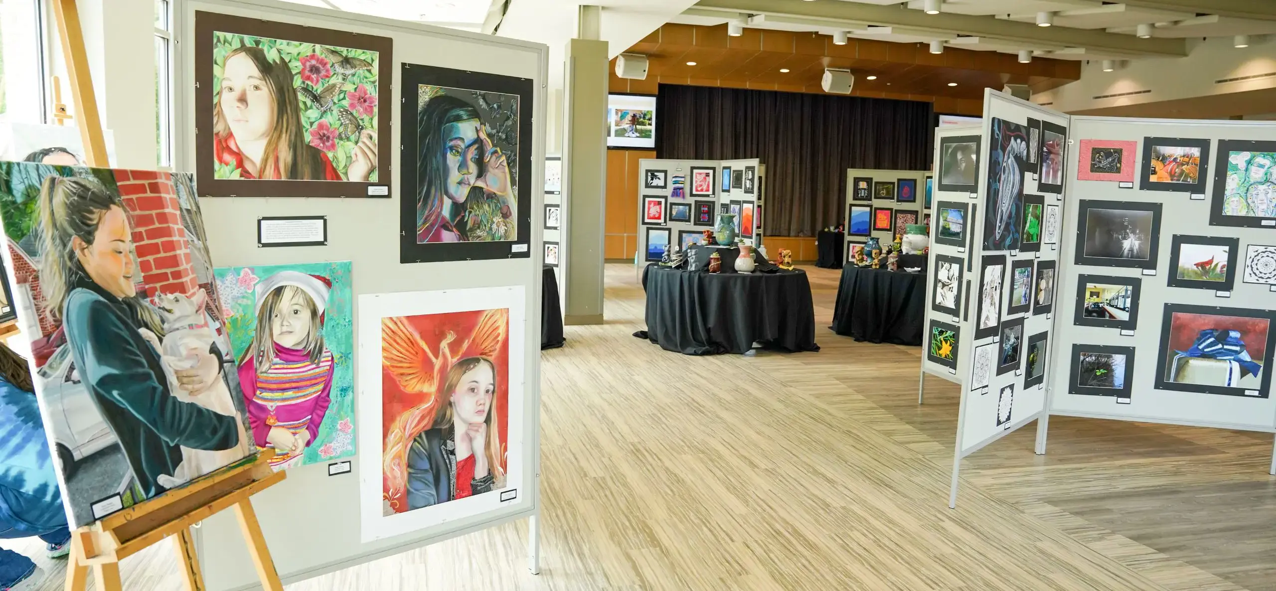 An art gallery showcasing paintings